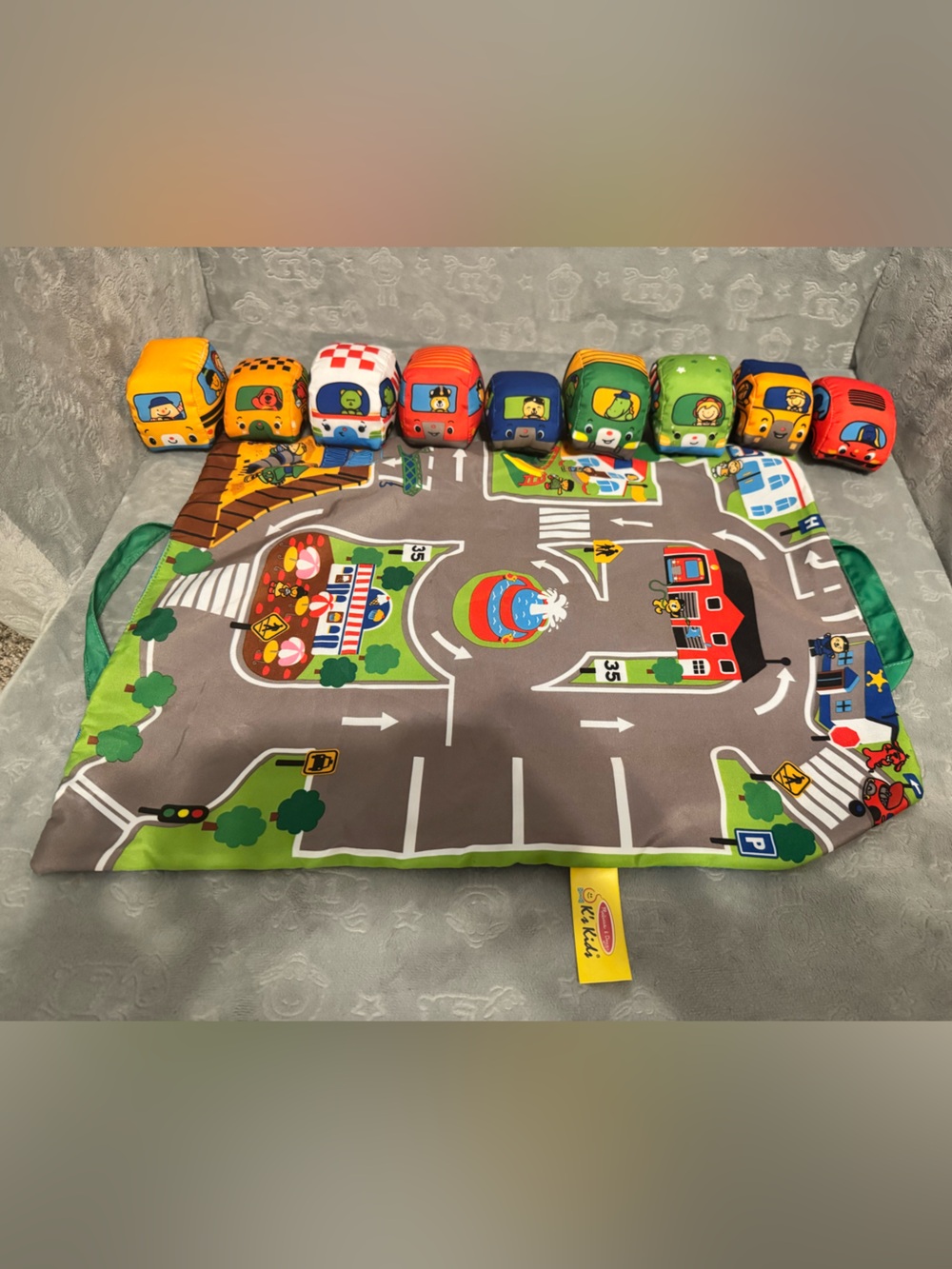 Melissa & Doug Gray and Green Road Play Mat with Plush Colorful Vehicles